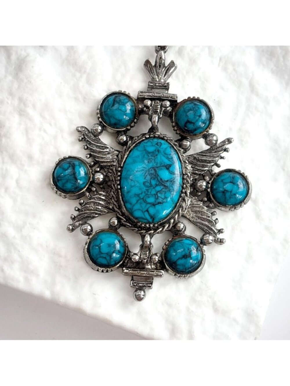 Art Arthur Pepper Blue Silver Toned Faux Turquoise Vintage 80's Pendant Necklace